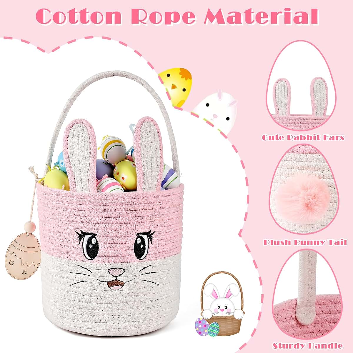 INough Easter Basket Cute Bunny Baskets Personalized Rabbit Bucket with Folding Handle for Egg Hunting, Embroidered