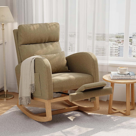 Jojoka Corduroy Glider Rocking Chair with Footrest, Side Pockets & Pillow – Comfortable Nursery Rocker for Living Room