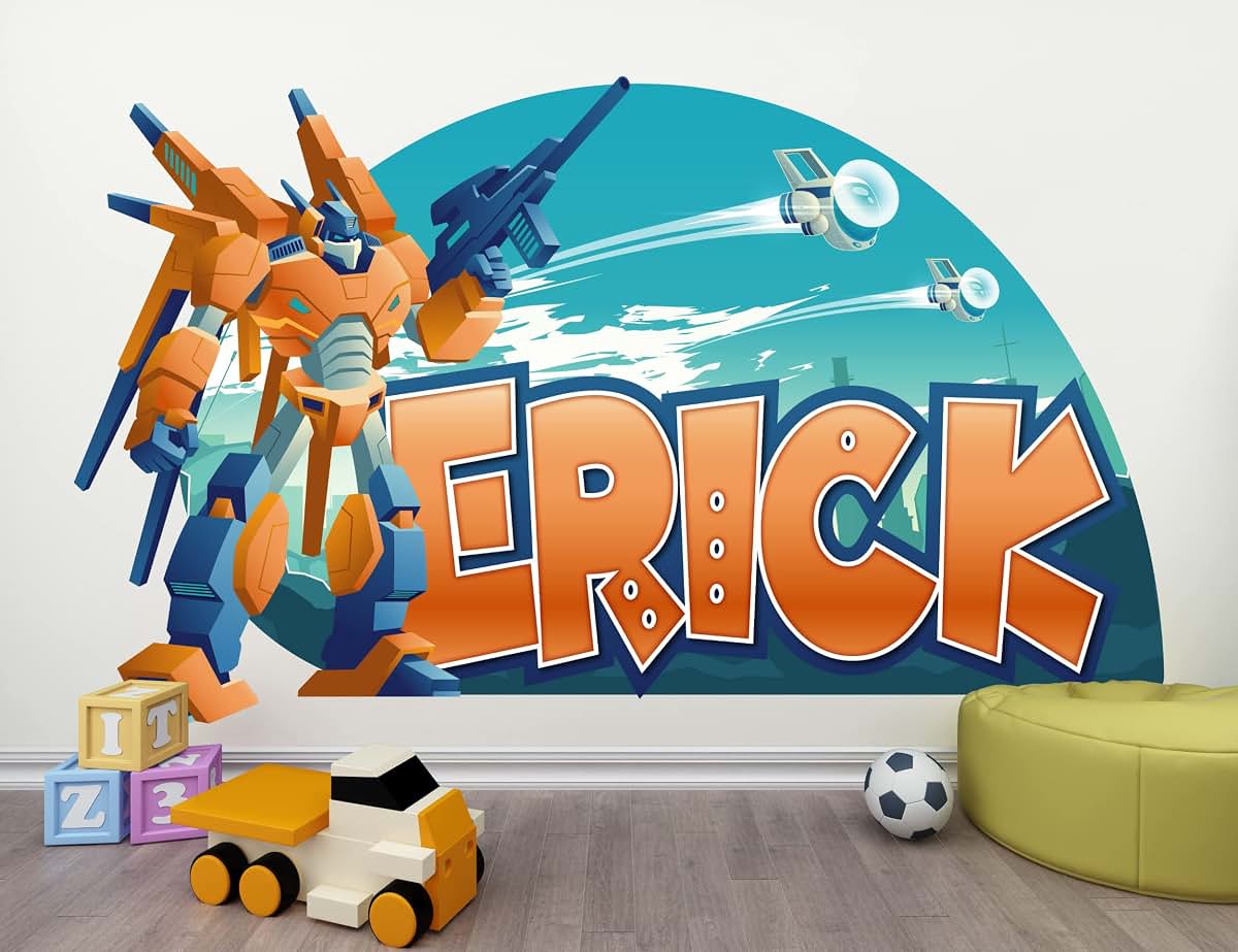 AdesiivoStudio Robot And Car Personalized Name Wall Decals For Nursery