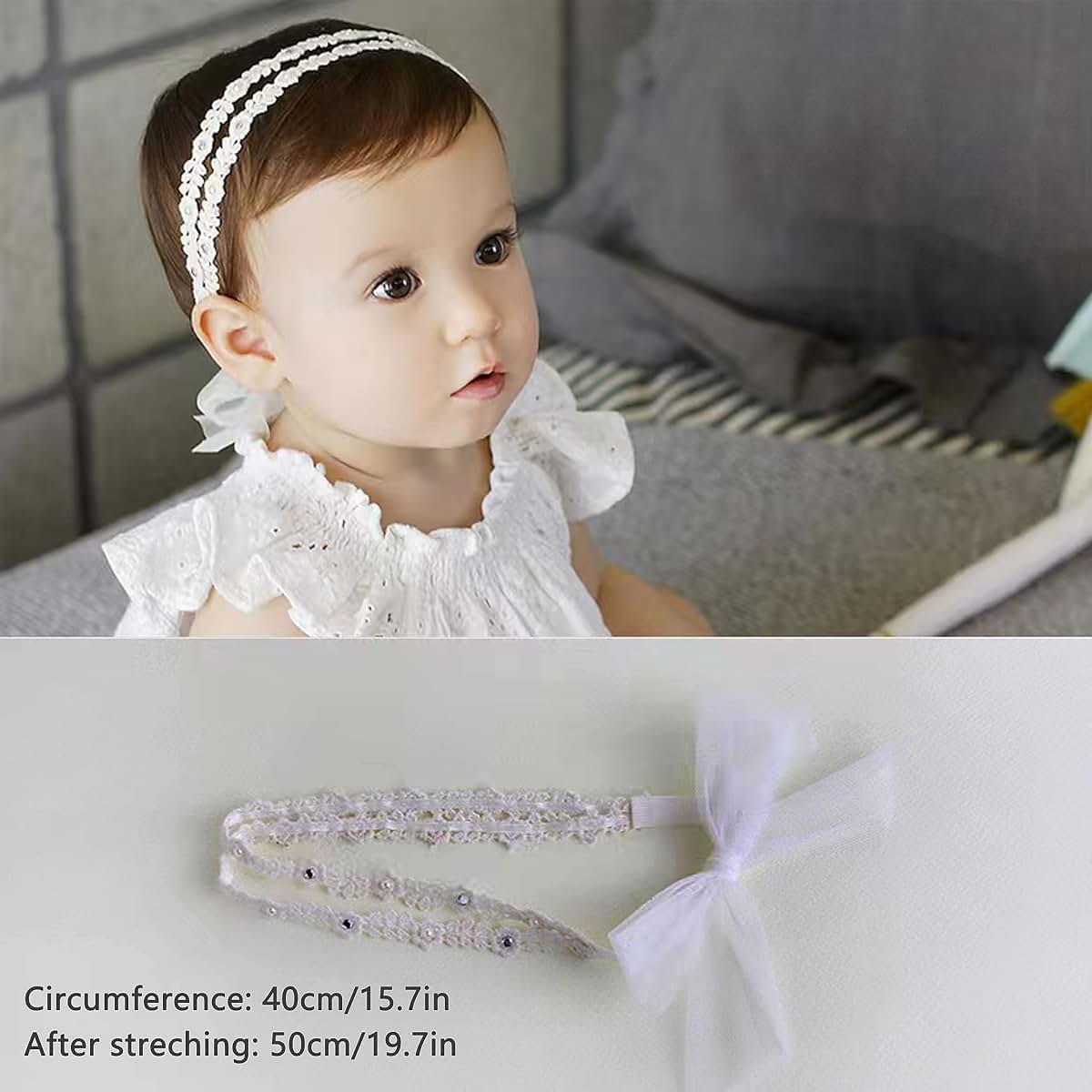 Pyalxdn White Flower Christening Headband With Elastic Lace (photo 2)