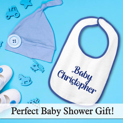 Smiling Jindo Personalized Baby Bib – White Bib (Royal Blue Trim) – Custom Text (1 to 3 Lines) – Soft Cotton Terry (photo 4)