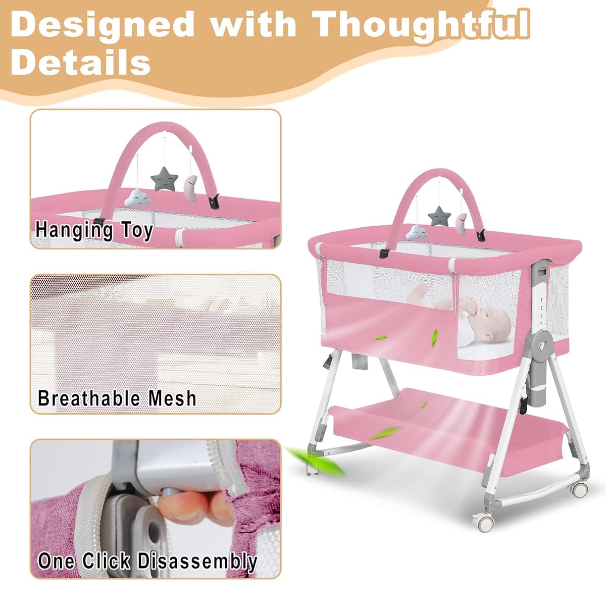 MEICHYUN 3-in-1 Baby Bassinet with Hanging Toys, Mesh Sides, Pink