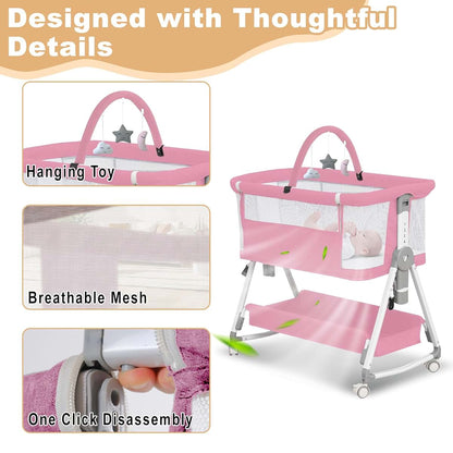 MEICHYUN 3-in-1 Baby Bassinet with Hanging Toys, Mesh Sides, Pink