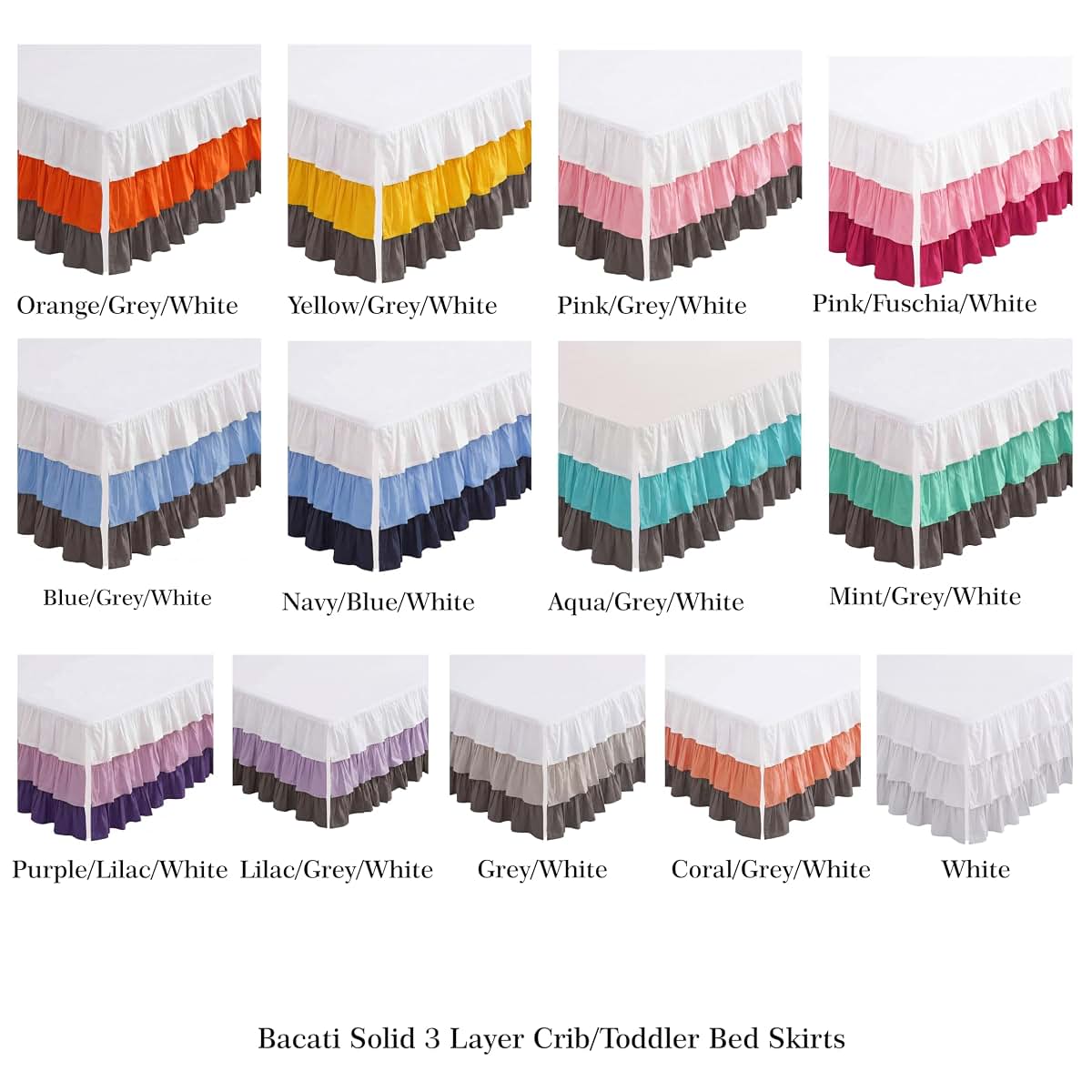 Bacati - Mix N Match Solid 3 Layer Ruffled Crib Skirt (White/Pink/Fuschia) (photo 3)