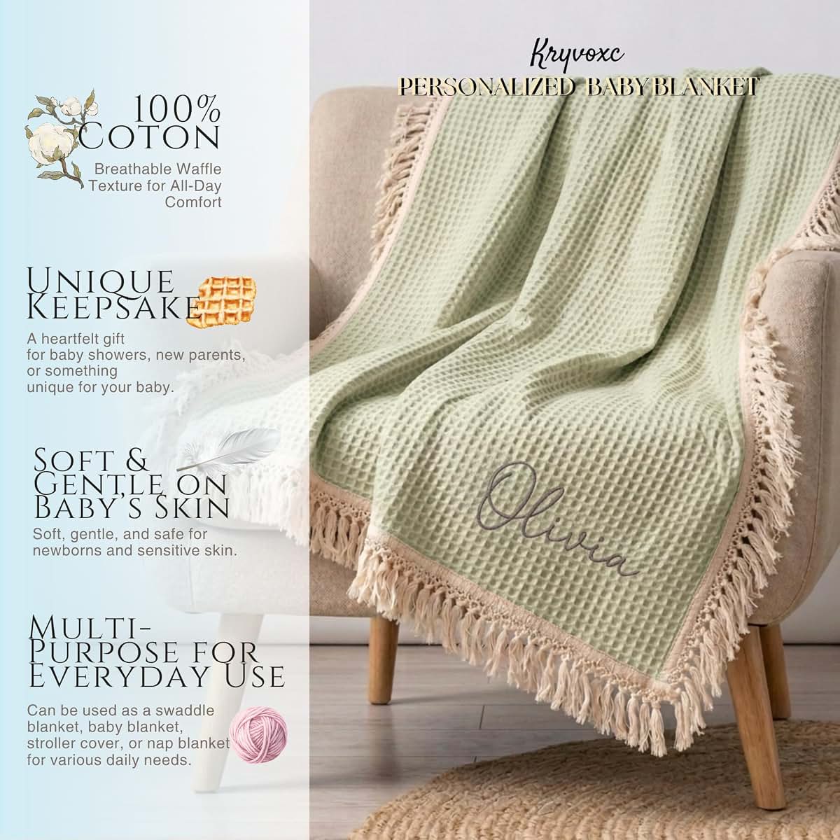 Kryvoxc Personalized Fringe Baby Blanket and Bonnet Set (photo 3)