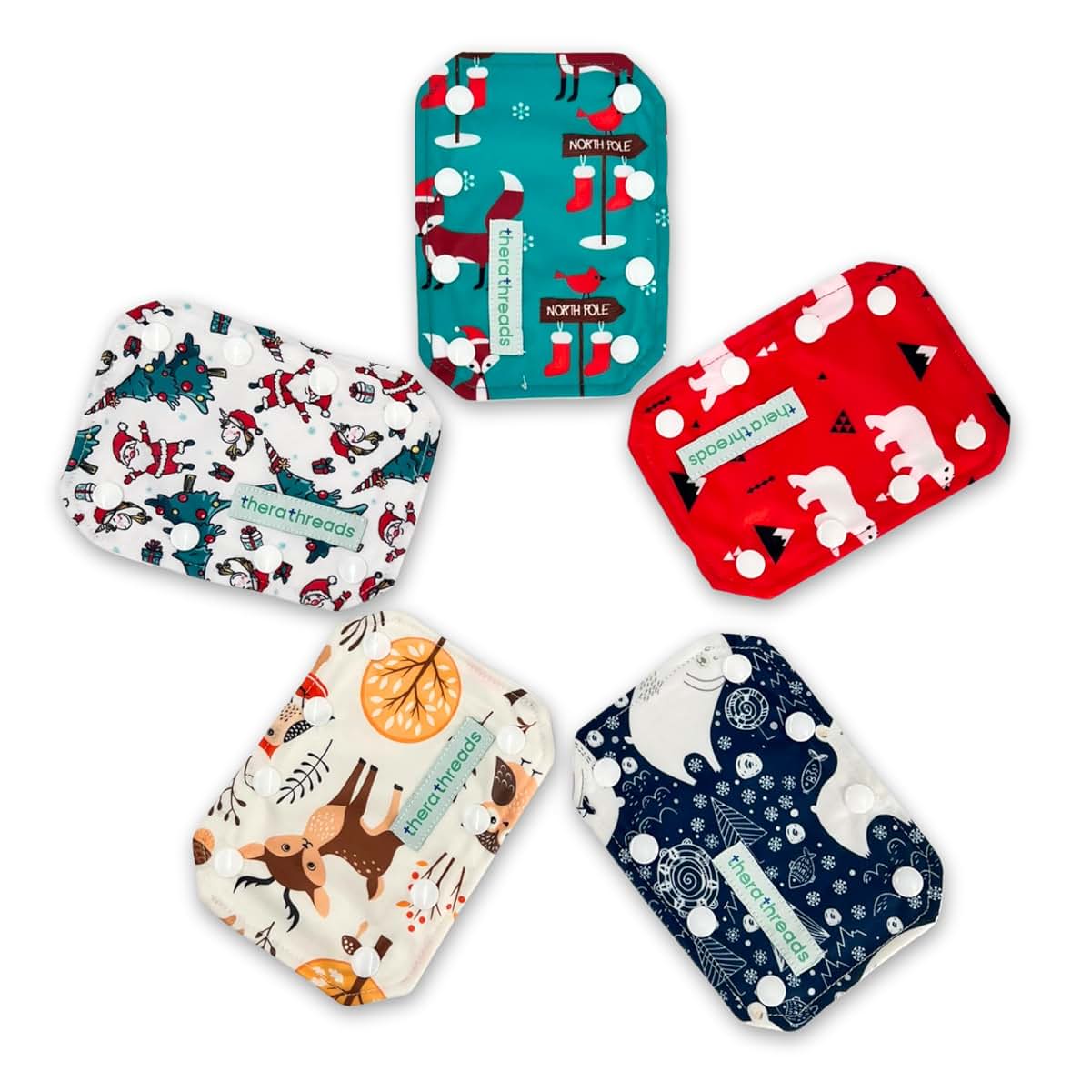 therathreads 5 Pack Holiday Themed Feeding Tube Connector Cover Set for G, J, or PEG Tubes. Ultra Soft and Absorbant