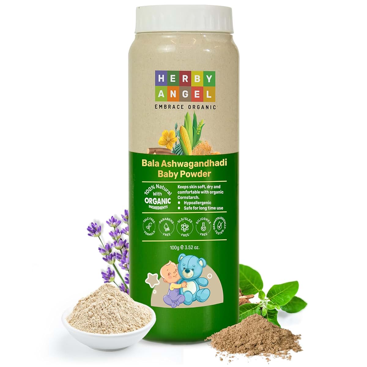 Herby Angel Talc Free Baby Powder - White, 3.53 Ounce