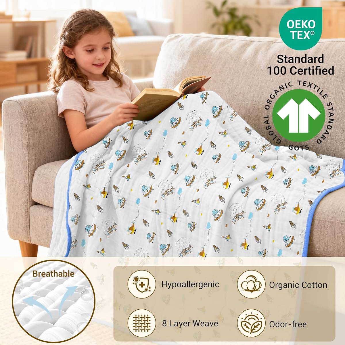 ZPECC Muslin Toddler Blanket, 47x47, 8 Layers of Organic Cotton, Spaceship (photo 2)