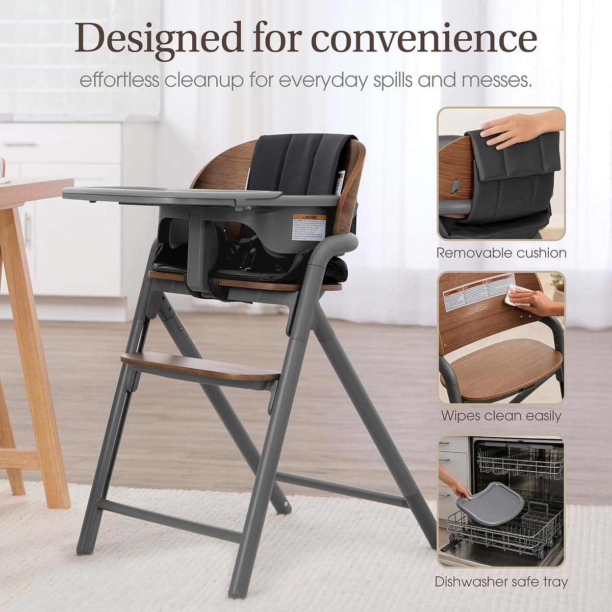 Evolur Step and Savor Convertible Wooden Baby High Chair-Walnut Gray