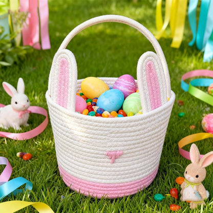 Vmohuyktx Cotton Rope Easter Basket with Rabbit Ears