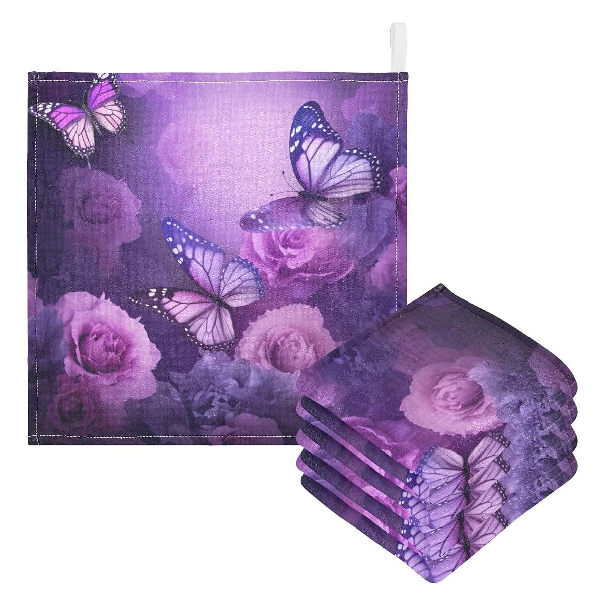 Purple Flowers and Butterfly Cotton Washcloths for Newborn Bath Time