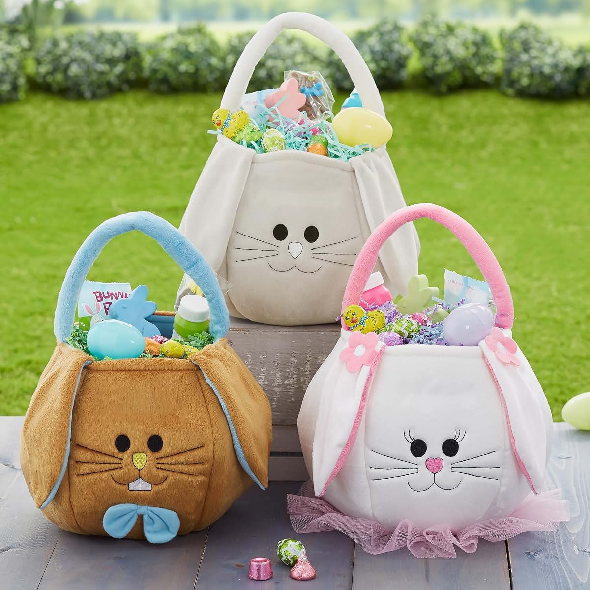 Personalization Universe Embroidered Pink Accented Easter Bunny Basket, Soft Plush Easter Egg Hunt Bag, Children's (photo 4)