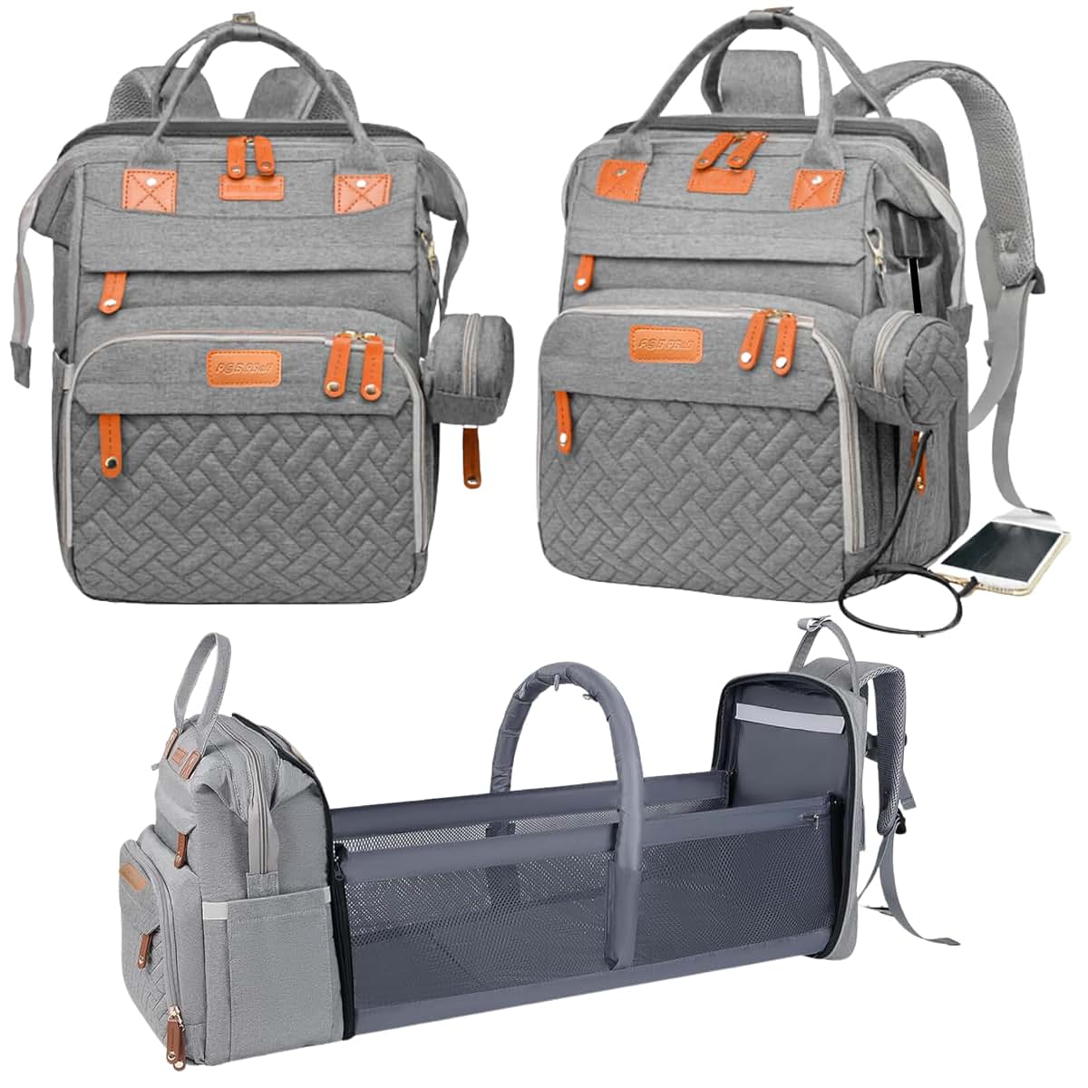 P@B PBell Bebetaje XL Diaper Bag Backpack with Changing Station, Grey