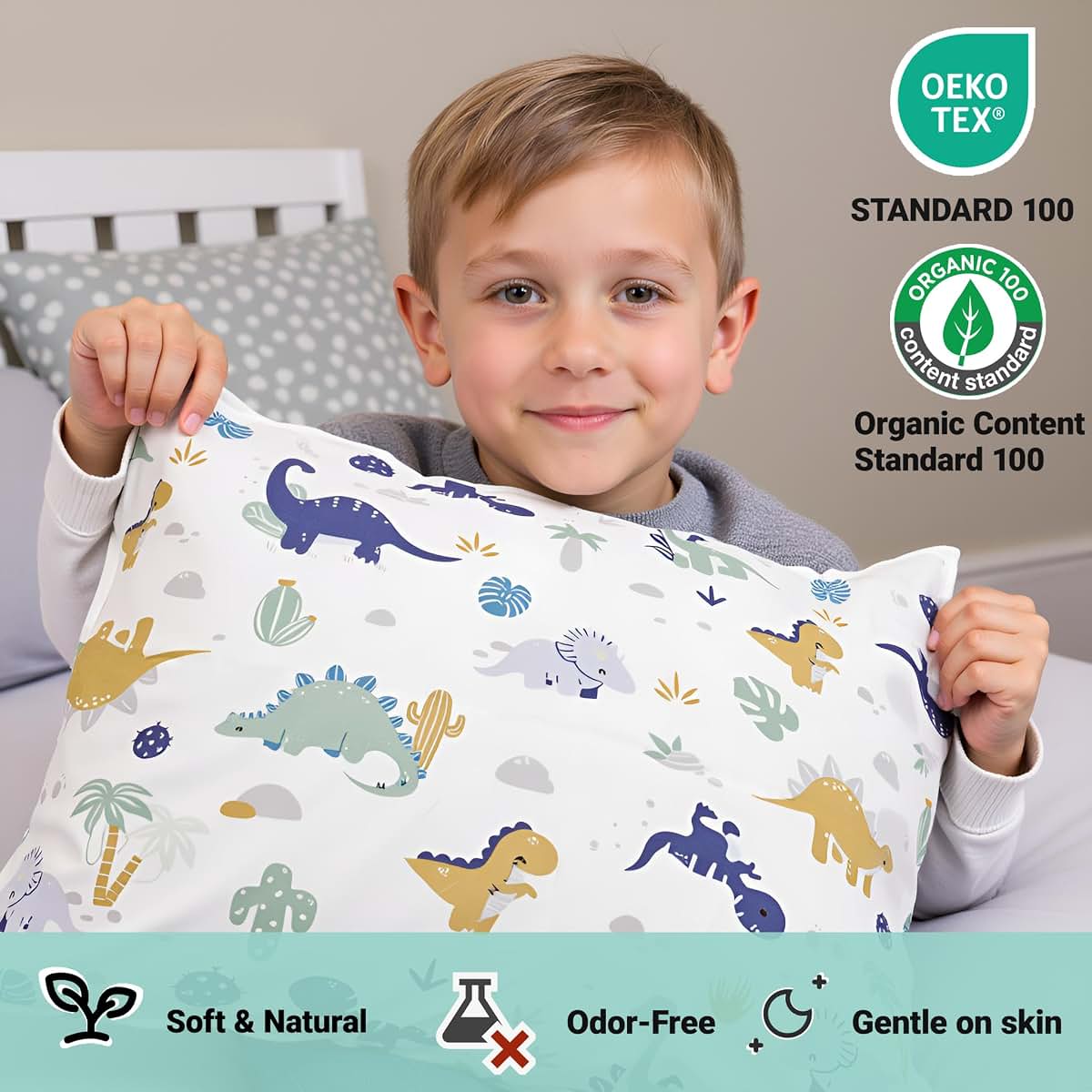 ZPECC Toddler Pillow 2 Pack, Organic Cotton Pillowcase, 13x18, Dinosaur (photo 3)