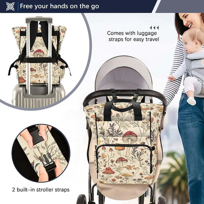 Bolaz Vintage Mushroom Diaper Bag Backpack Tote with Stroller Straps, Large Capacity
