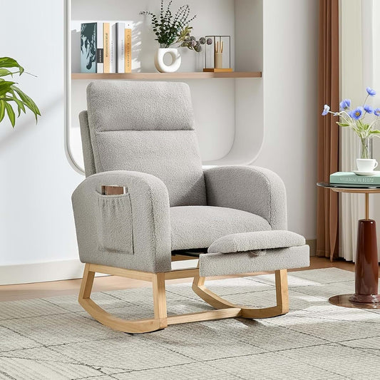 Attracoast Teddy Upholstered Rocking Nursery Chair with Footrest and Side Pocket,Modern Nursery Chair Armchair with