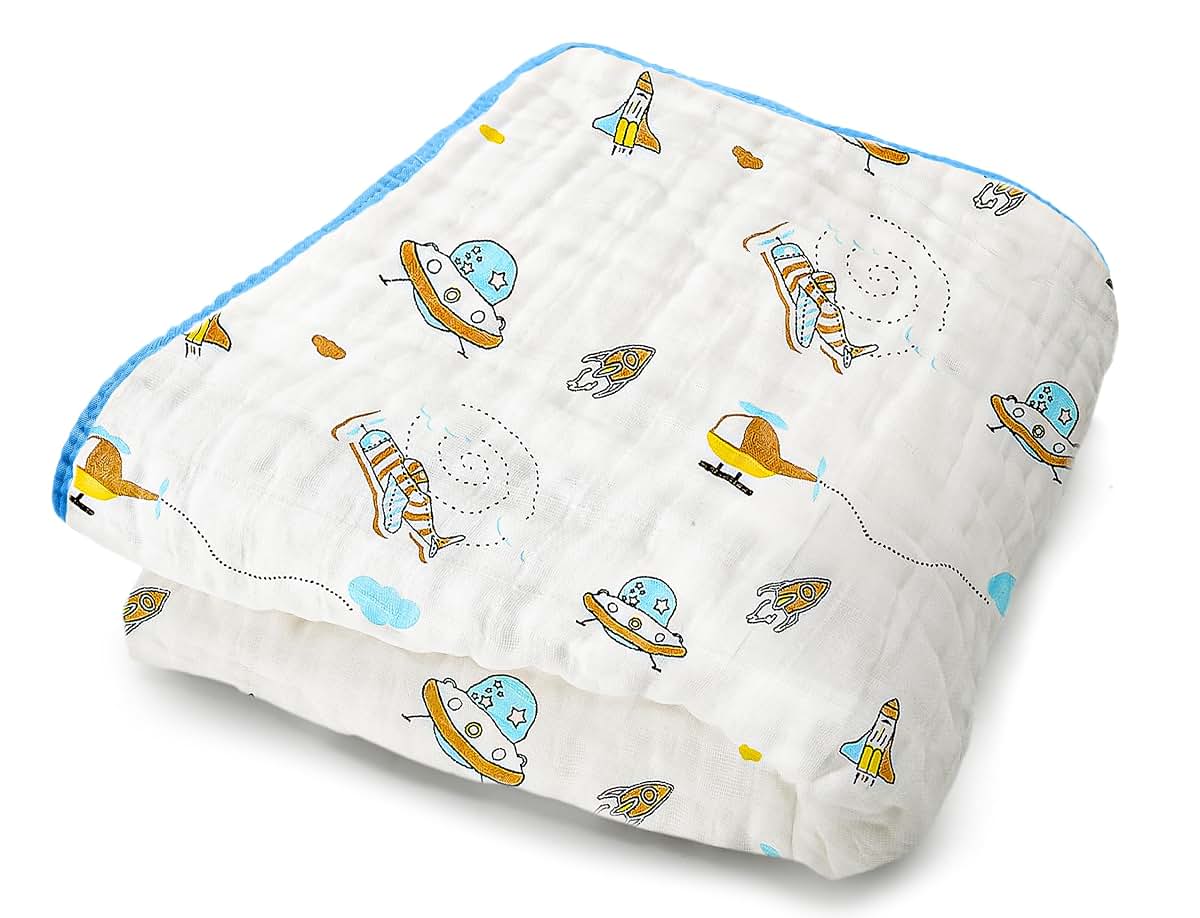 ZPECC Muslin Toddler Blanket, 47x47, 8 Layers of Organic Cotton, Spaceship