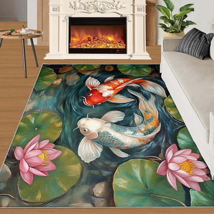 HYGIUID Lotus Koi Area Rugs 4x5 - Lotus Pond Rug for Entryway, Chinese Tradition Washable Entry Way Rugs Kids Carpet
