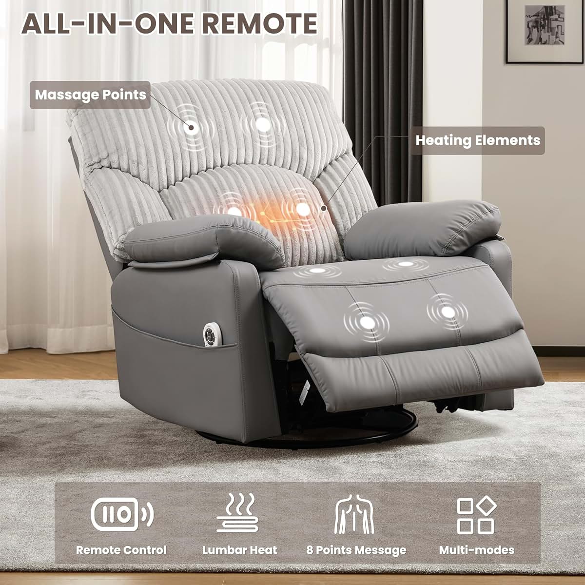 GRAINELL Power Swivel Rocker Recliner Chair with Massage and USB Port