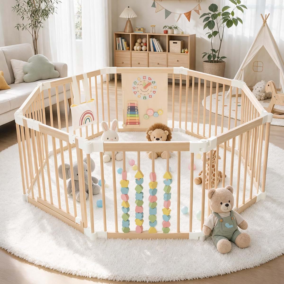 JOIN&JOY Toddler Play Yard with Sensory Activity Board, Indoor Baby Crawling Play Space, Foldable Wooden Frame