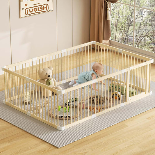 LOVMOR Wooden Baby Playpen, 56x83x24In Gate for Toddler and Babies