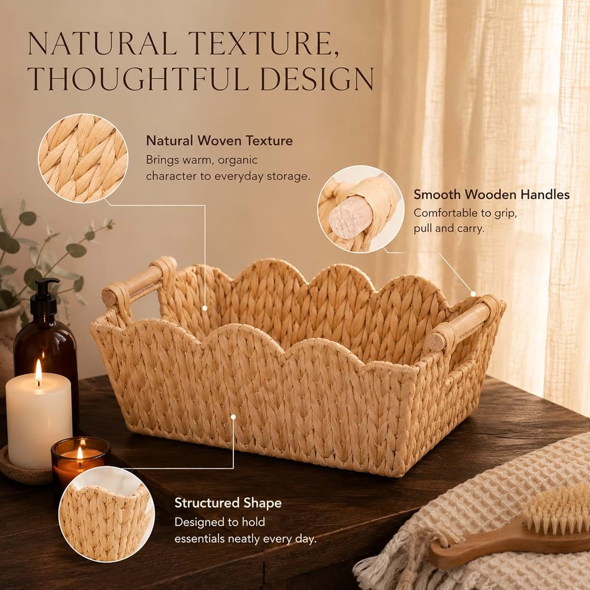 MonoKnot Wicker Storage Baskets, 2 Pack Scalloped Water Hyacinth Baskets (photo 3)