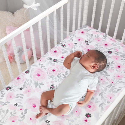 Bedtime Originals Blossom Pink and Gray Watercolor Floral Crib Sheet