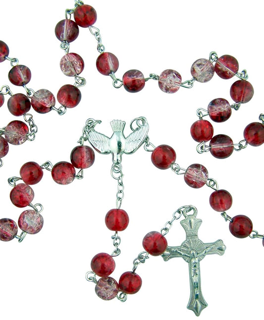 CB Catholic Teen Confirmation Gift Red Crackle Glass Bead Rosary Necklace