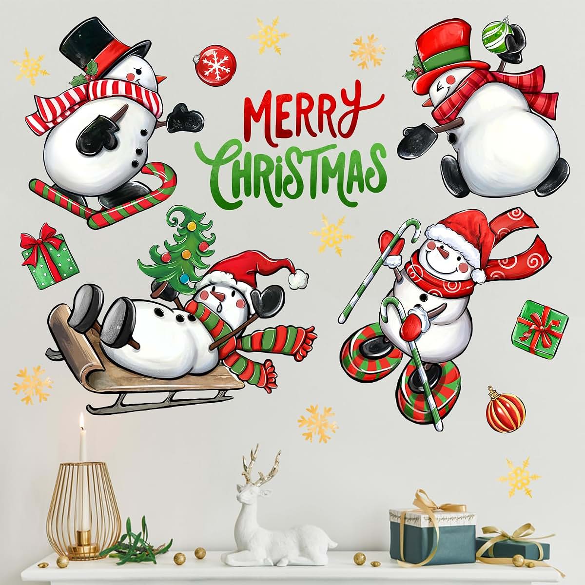 Christmas Snowman Wall Decals, 2 Sheets Vinyl Stickers for Home Holiday Decor