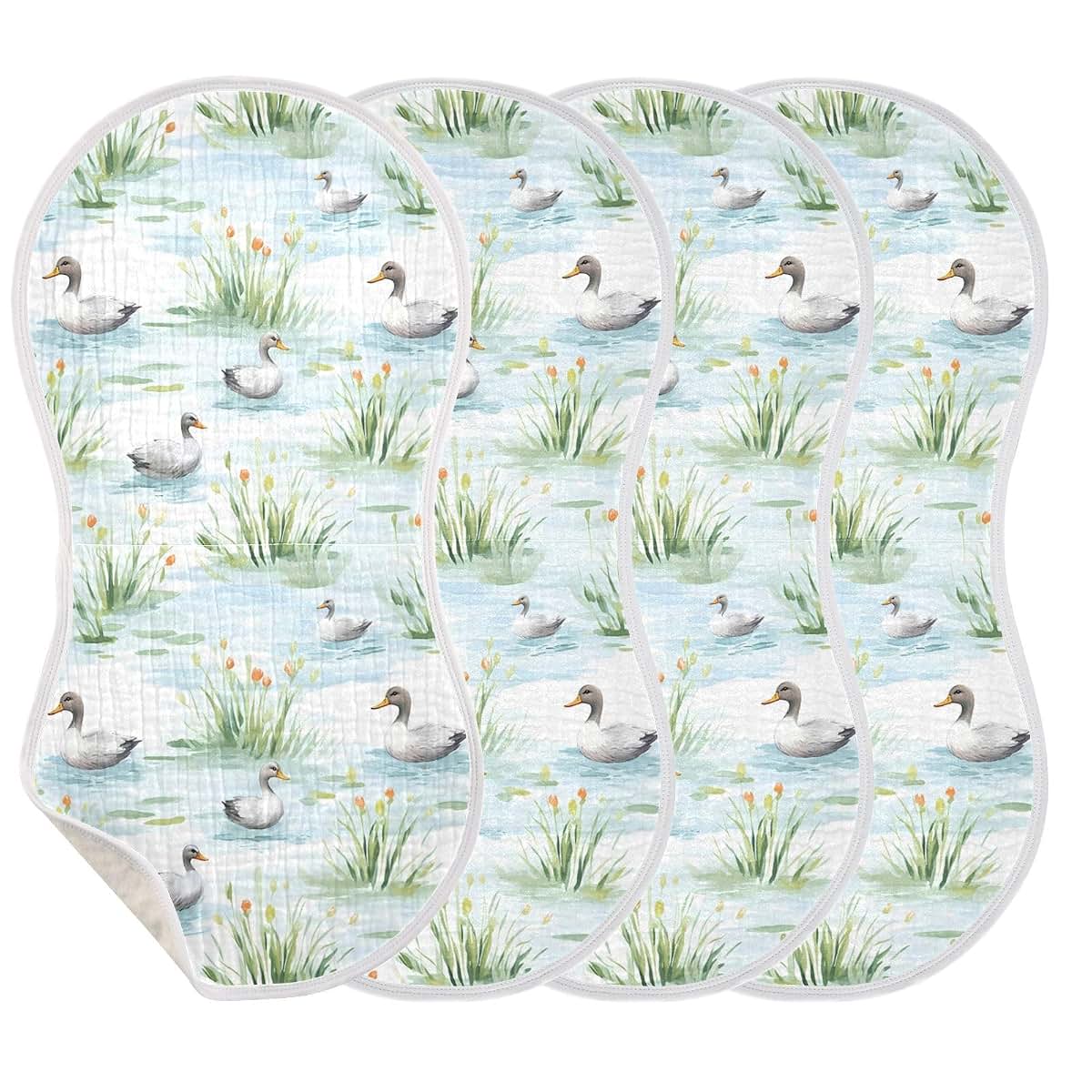 Keige Woodland Duck Burp Cloths, 4-Pack, Absorbent Cotton Muslin Wipes