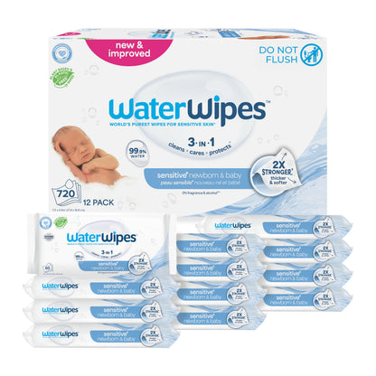 WaterWipes Sensitive+ Newborn & Baby Wipes, 3-In-1 Cleans, Cares, Protects, 99.9% Water, Unscented & Hypoallergenic, 720 Count (12 Packs)