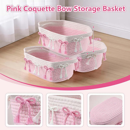 Simihiran Pink Bow Woven Rope Storage Basket for Home Organization