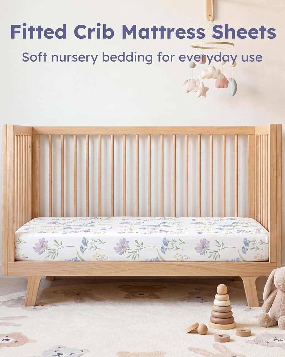 FIEMOL Baby Crib Sheets for Girls, 4 Pack Fitted Toddler Bed Sheets for 52"x28" Mattress, Soft Microfiber Blue Purple Flower