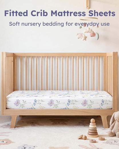 FIEMOL Baby Crib Sheets for Girls, 4 Pack Fitted Toddler Bed Sheets for 52"x28" Mattress, Soft Microfiber Blue Purple Flower
