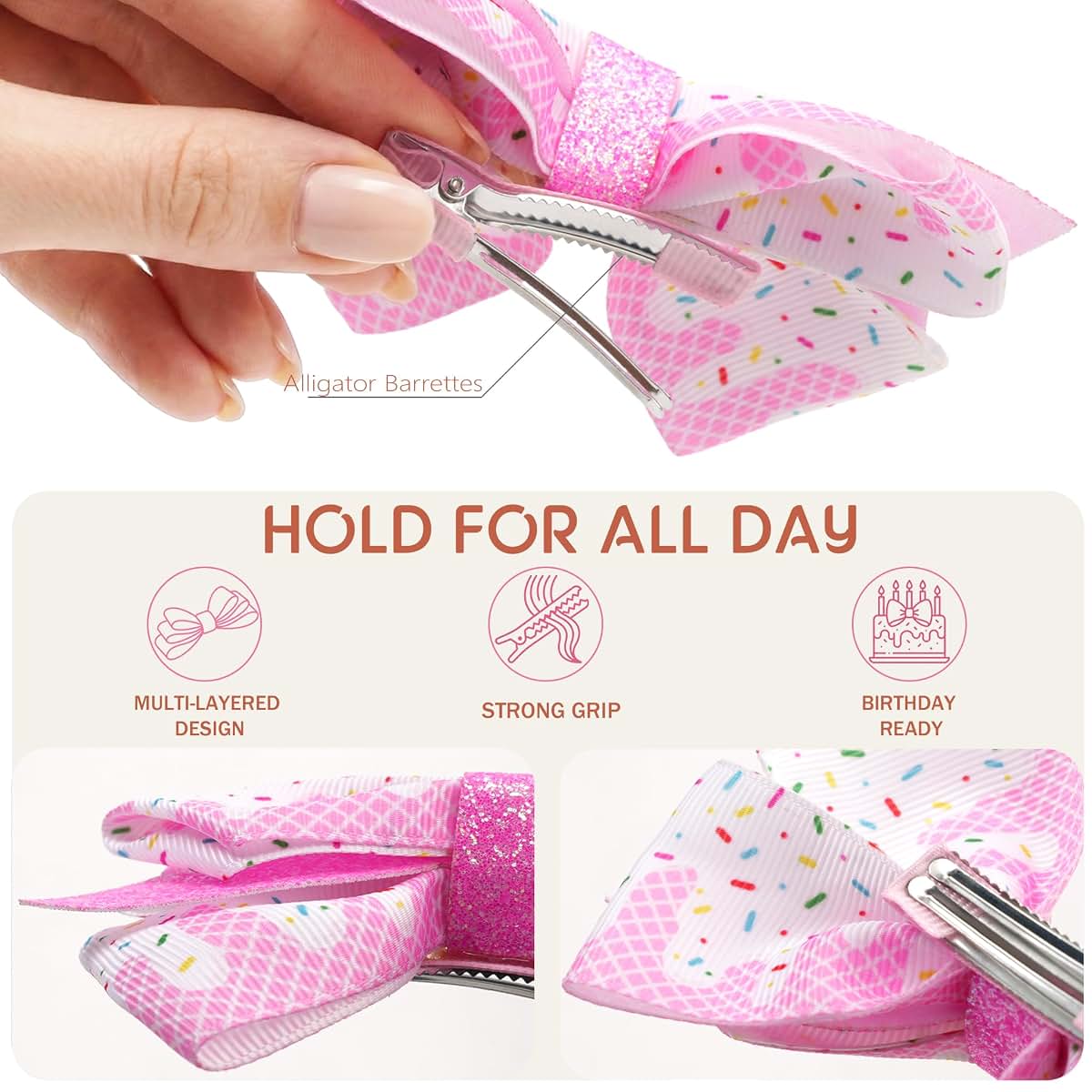 KEXINSTAR 4'' Birthday Hair Bow Clips 2pc Pink Glitter Birthday Bows for Girls Hair Accessories Ice Cream Party Decor (photo 4)