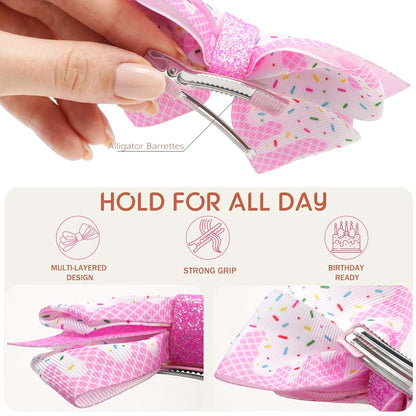 KEXINSTAR 4'' Birthday Hair Bow Clips 2pc Pink Glitter Birthday Bows for Girls Hair Accessories Ice Cream Party Decor (photo 4)