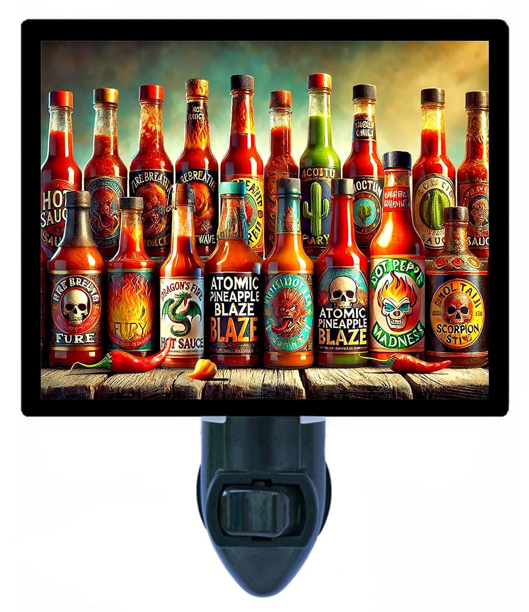 Night Light Designs Hot Sauces Night Light – Kitchen Design, Fully Enclosed, Rotating Plug, Glass Front, 4 Watt Bulb