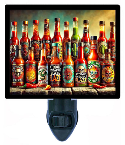 Night Light Designs Hot Sauces Night Light – Kitchen Design, Fully Enclosed, Rotating Plug, Glass Front, 4 Watt Bulb