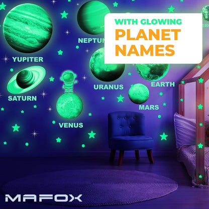 MAFOX Glow in The Dark Planets, Bright Solar System Wall Stickers -Sun Earth Mars and so on,9 Glowing Ceiling Decals