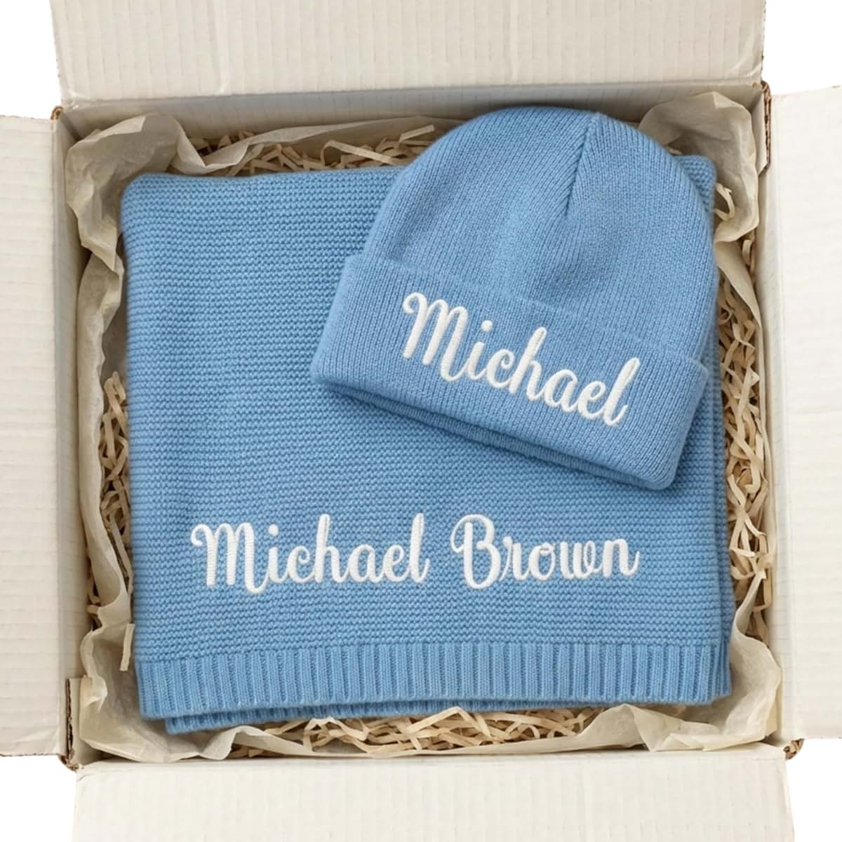 Kryvoxc Personalized Baby Blanket with Name, Cotton Receiving Swaddle Blanket and Beanie Set, Customized Baby Blankets