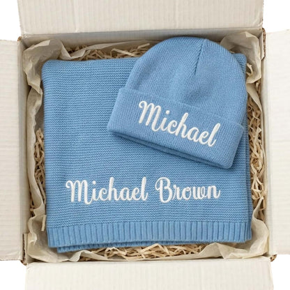 Kryvoxc Personalized Baby Blanket with Name, Cotton Receiving Swaddle Blanket and Beanie Set, Customized Baby Blankets