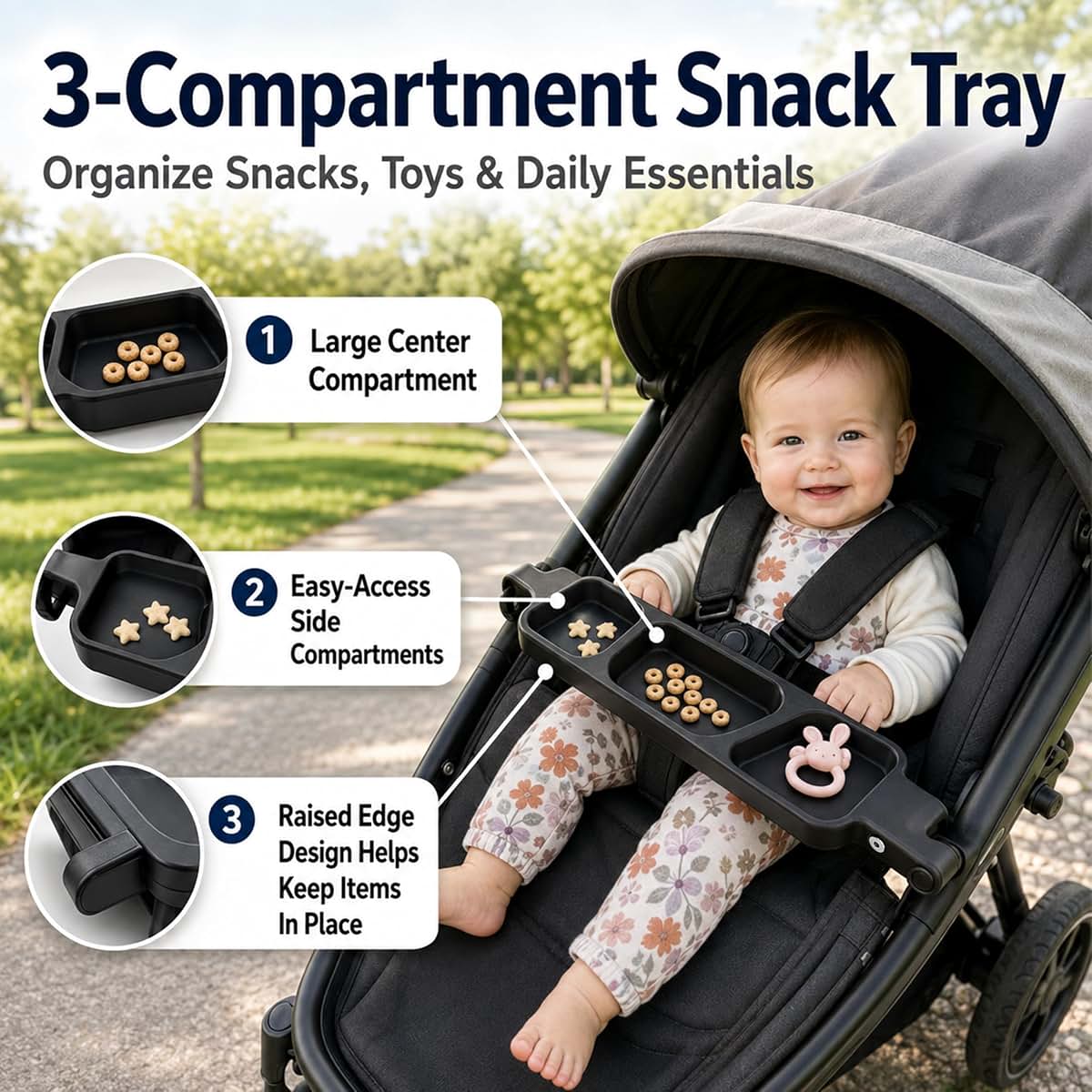 Flat Snack Tray Attachment for BOB Flex 3.0 Jogging Stroller, Wide Activity Surface, Black
