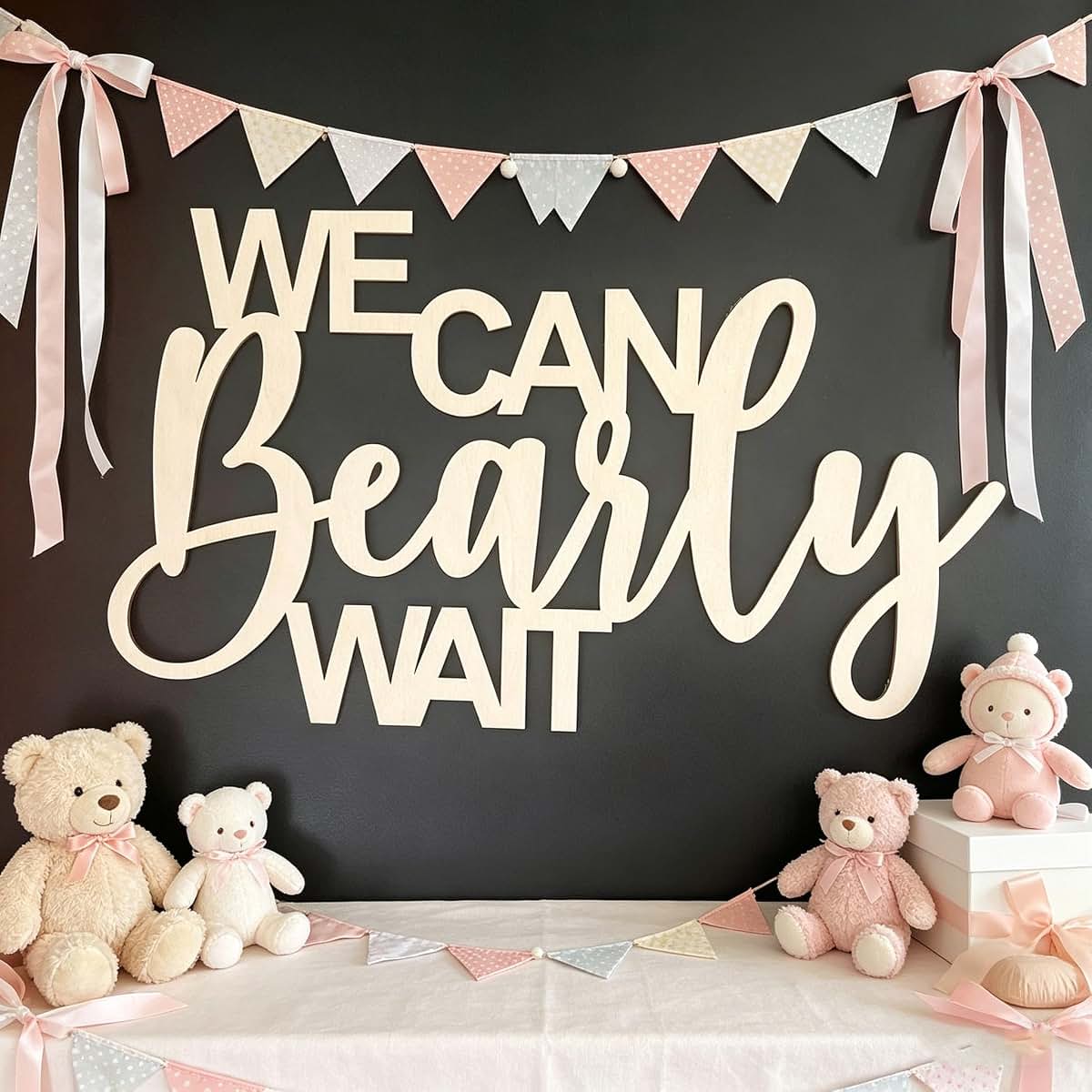 Wooden 'We Can Bearly Wait' Wall Sign for Baby Shower Decor