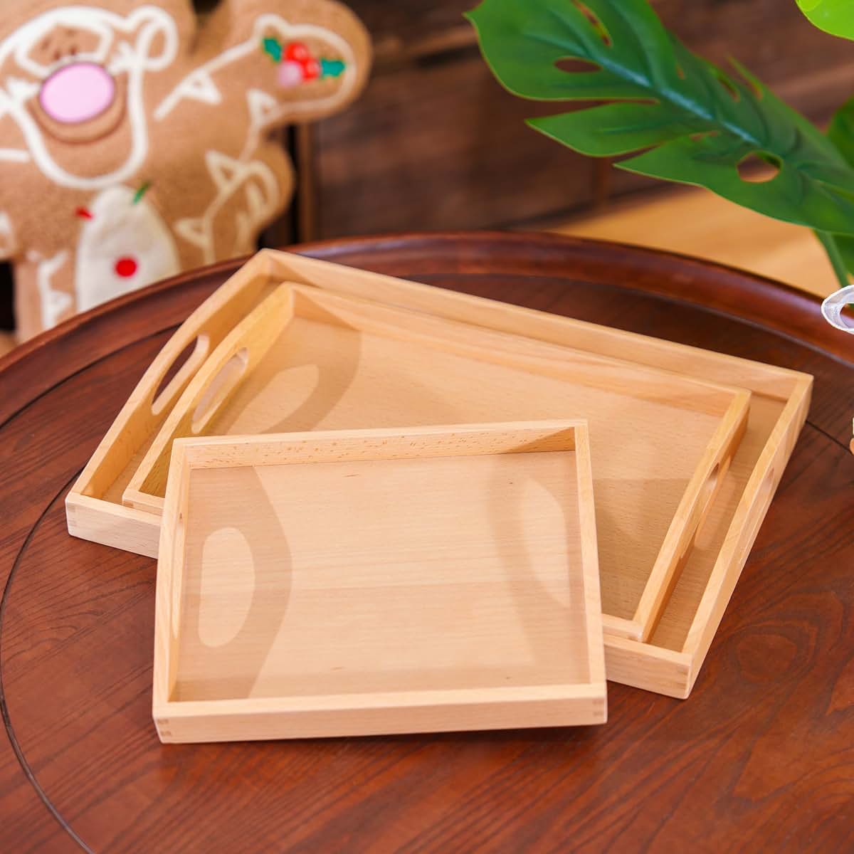 Penepico Premium Montessori Wooden Trays Set Of 3 - Solid Beechwood With Handles