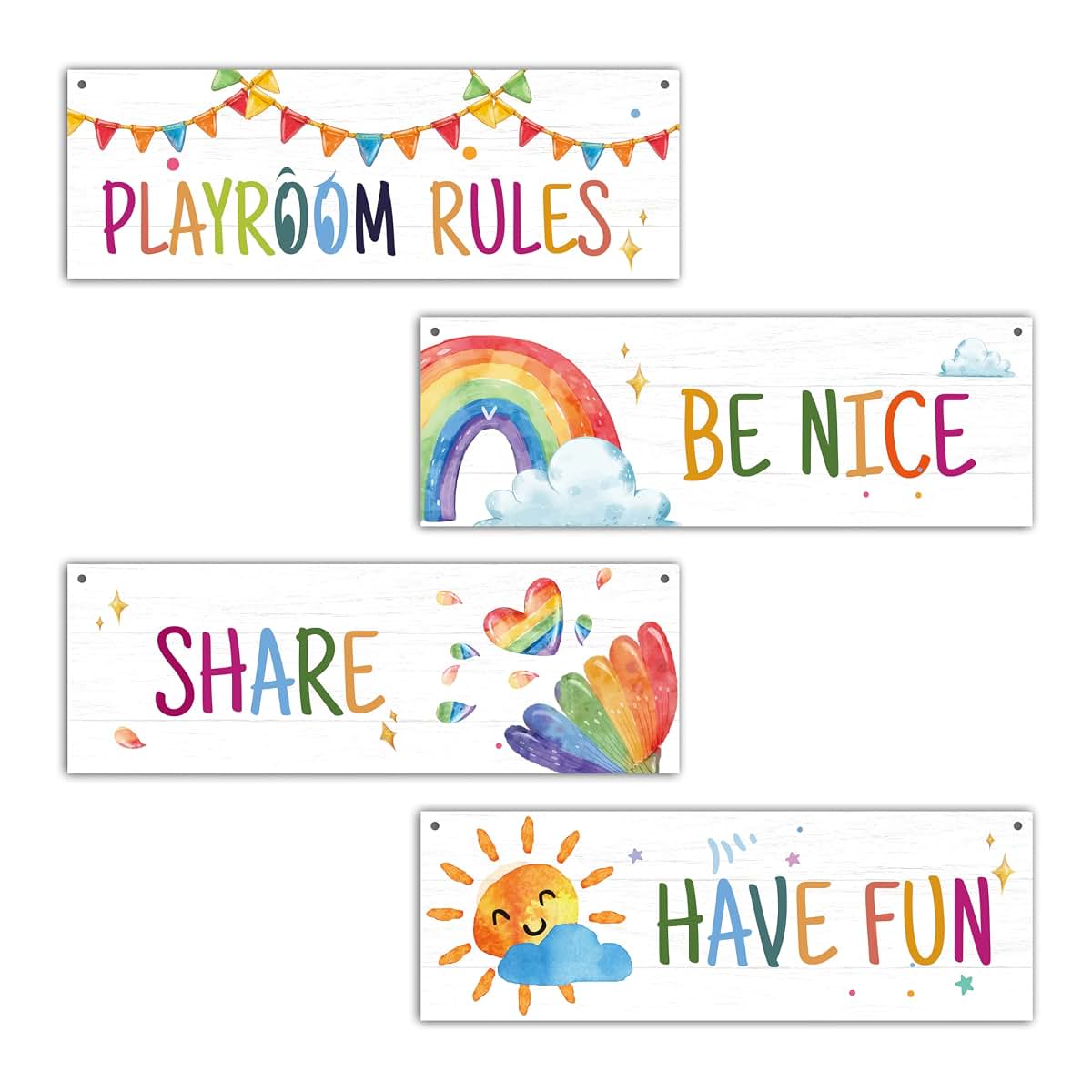 Dskly 4 Pcs Playroom Wall Decor Signs, Rainbow Wooden Hanging Plaques with Hemp Ropes, 12 x 4 Inch