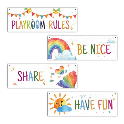 Dskly 4 Pcs Playroom Wall Decor Signs, Rainbow Wooden Hanging Plaques with Hemp Ropes, 12 x 4 Inch