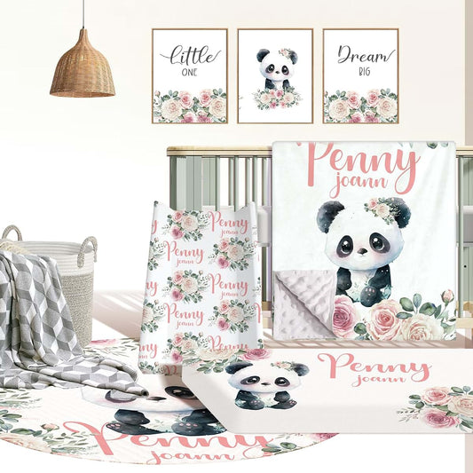 Kryvoxc Personalized Baby Crib Bedding Set, Custom Name Nursery Bedding, Blush Panda Garden 5 Pcs Baby Bedding Set for