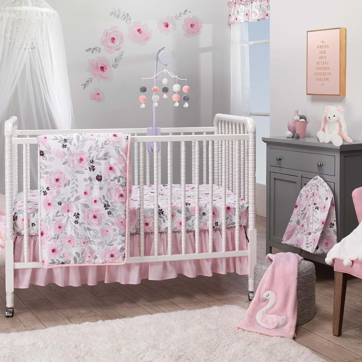 Bedtime Originals Blossom Pink and Gray Watercolor Floral Crib Sheet