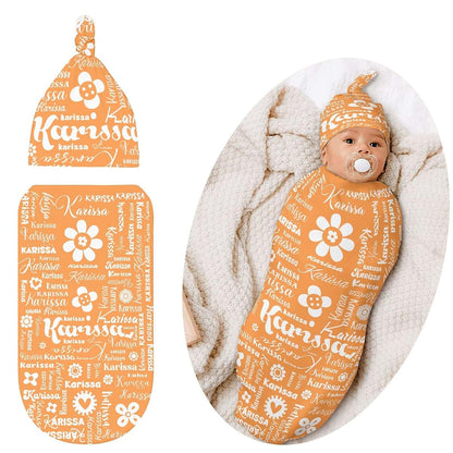 YallLocoMo Custom Newborn Swaddle Blankets Hat Orange Flower Name Text Sets Soft Baby Receiving Blanket Swaddle Sack