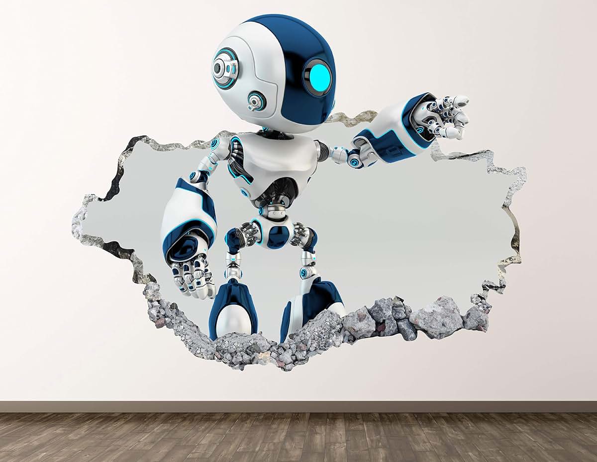 West Mountain Mini Robot Wall Decal Art Decor 3D Smashed Science Fiction Sticker Poster Kids Room Mural Custom Gift